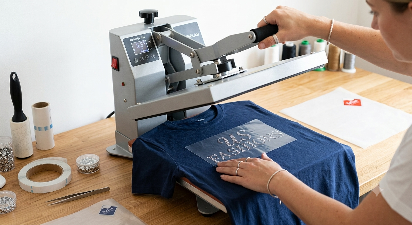 How do I apply hotfix rhinestones with a heat press?